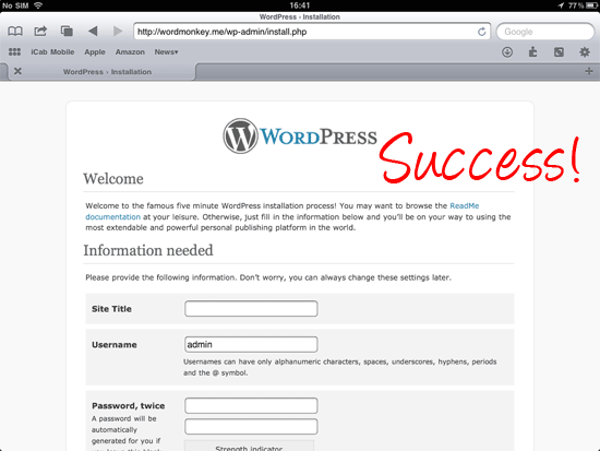success wordpress installation page