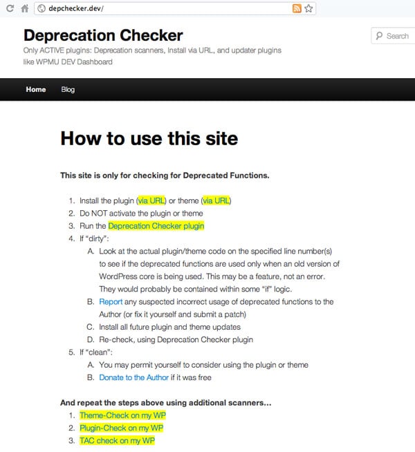 Deprecation Checker - Screenshot of the page with the PasteBin content