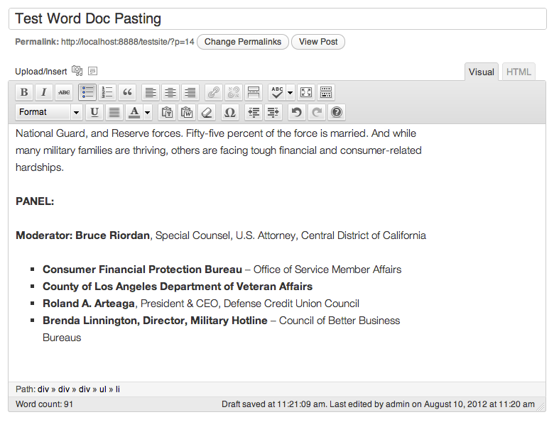 pasting from word into WordPress