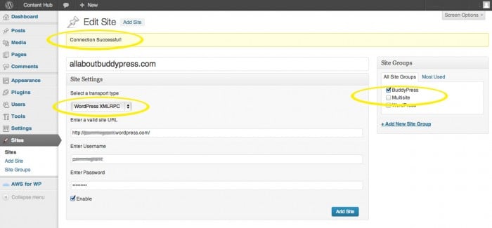 Screenshot showing the Push Syndication Add A Site screen