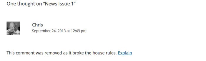 Screen grab of a comment whose text has been replaced by the broke rules message.
