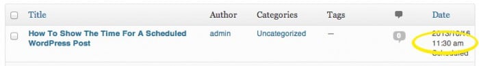 Screen grab of a row from the post listing page with the new scheduled time highlighted