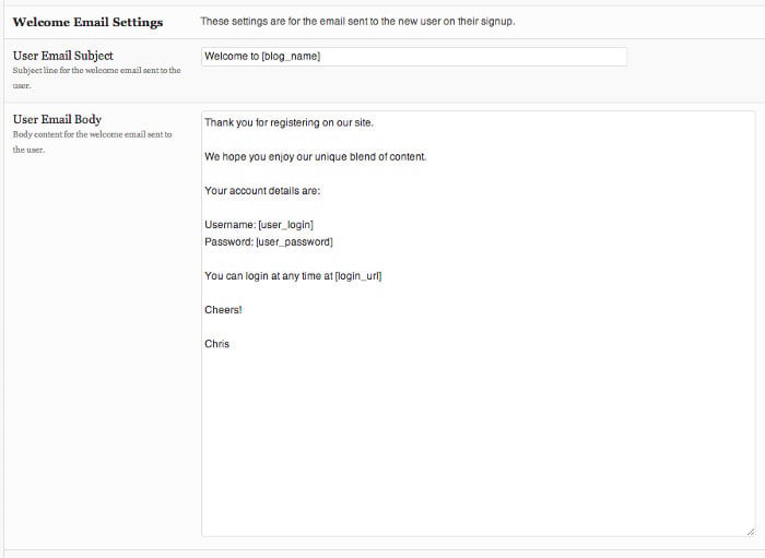Screenshot of the welcome email settings