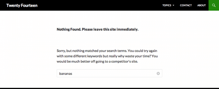 Screenshot of no results search page asking visitor to leave immediately