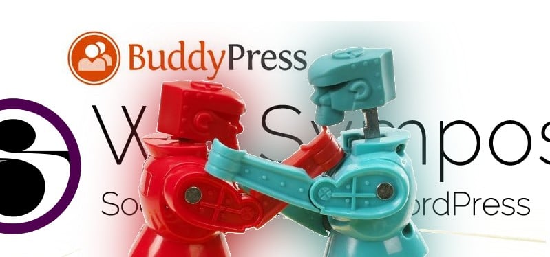 Composite image of Rock'em robots and WP Symposium Pro and BuddyPress logos