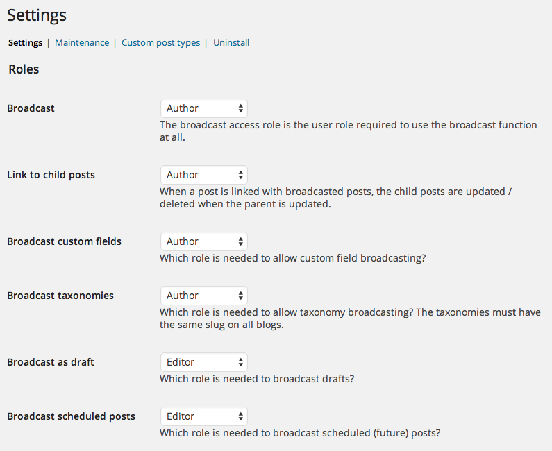 Settings page showing the setting of roles against features