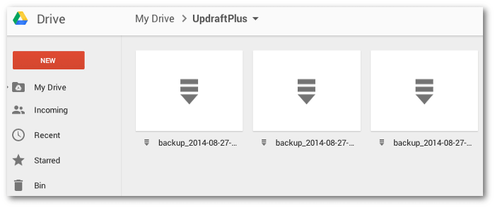 Screengrab of the UpdraftPlus folder in Google Drive