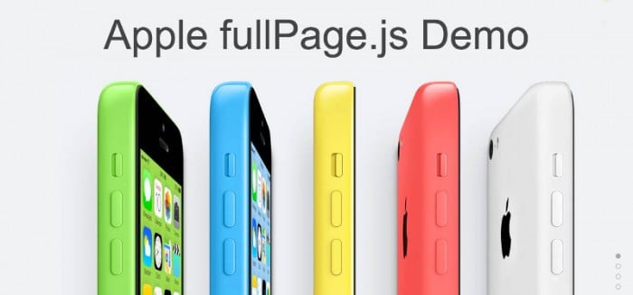 5 Apple iPhone 5Cs with the title Apple fullPage.js Demo