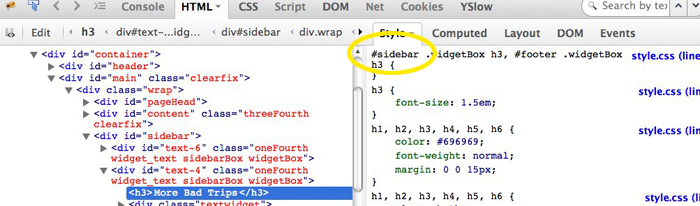 The Firebug browser plugin shows us that the area we chose to inspect has the #sidebar ID.