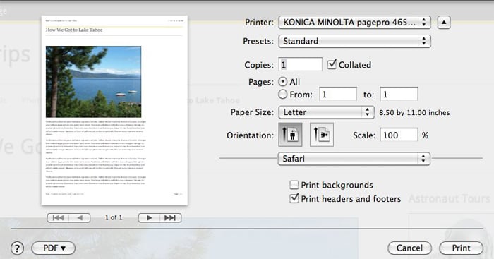 The print preview shows that only one page will print.