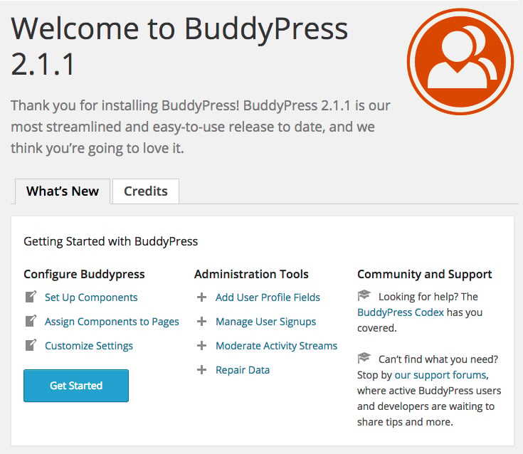The BuddyPress welcome screen