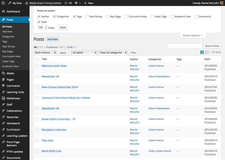 WordPress admin posts listing - with options changed