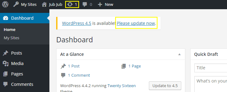 Update message in the dashboard.