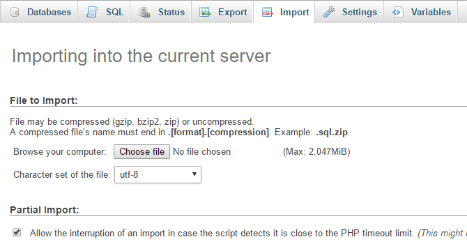 The import page.