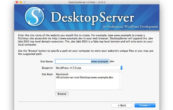 Wizard screen to install WordPress