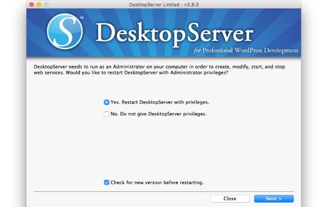 Wizard screen to start DesktopServer