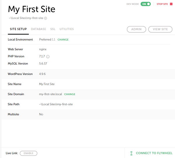 Site Setup tab in Local by Flywheel