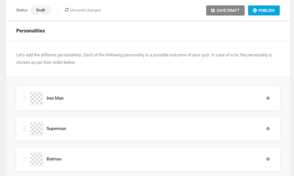 A screen which lets users select the personalties or outcomes of their quiz