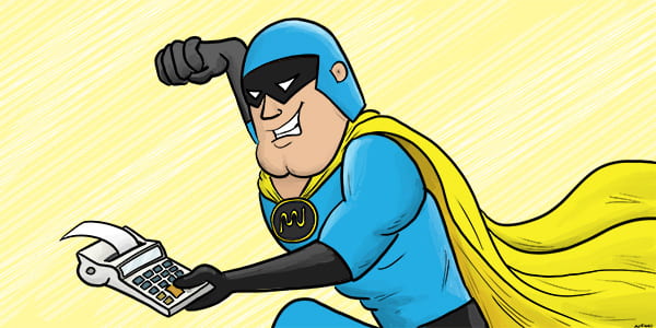 Dev Man with a calculator, about to punch it, because of WordPress Calculator Plugin.