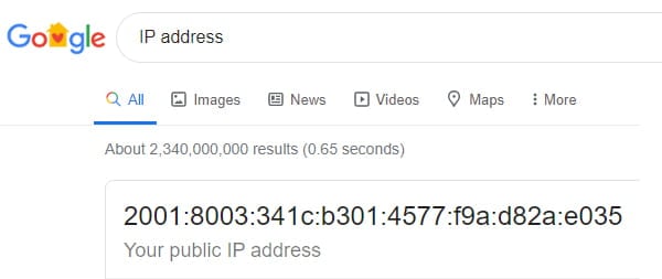 Example of an IPv6 IP address.