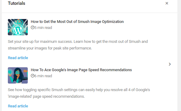 Screenshot of Smush's tutorials direct from the UI.