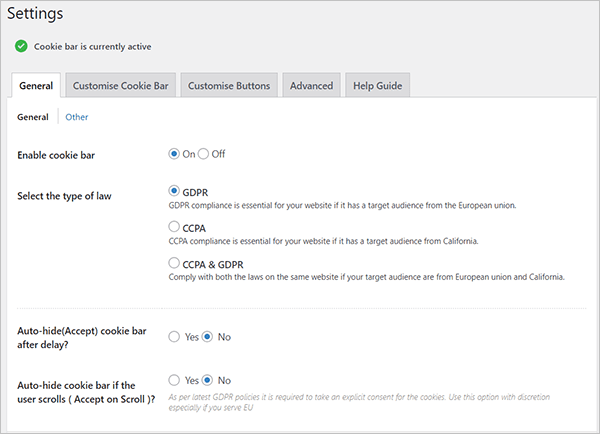 Cookie Yes Settings