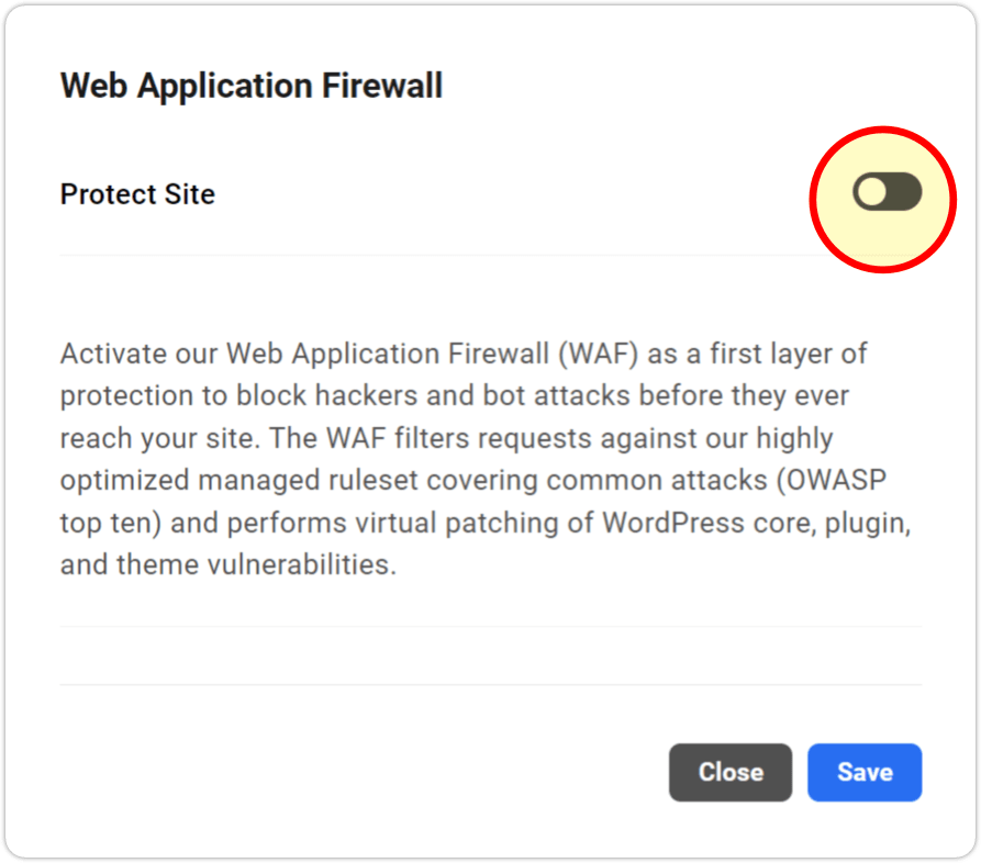 One-click switch protects your site with WAF.