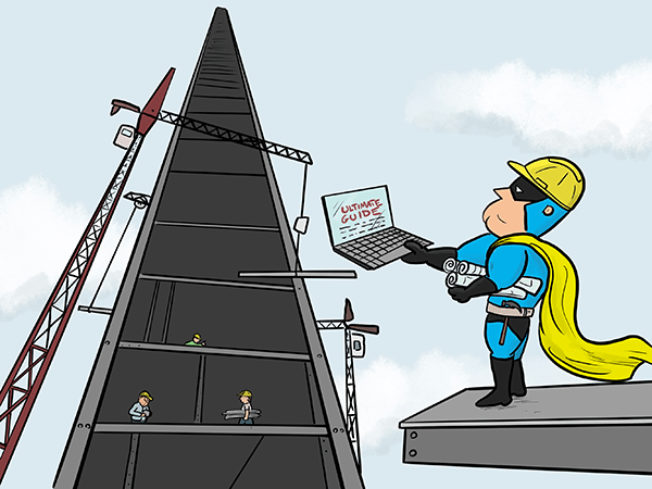 Cartoon - DevMan supervising the construction of a skyscraper.