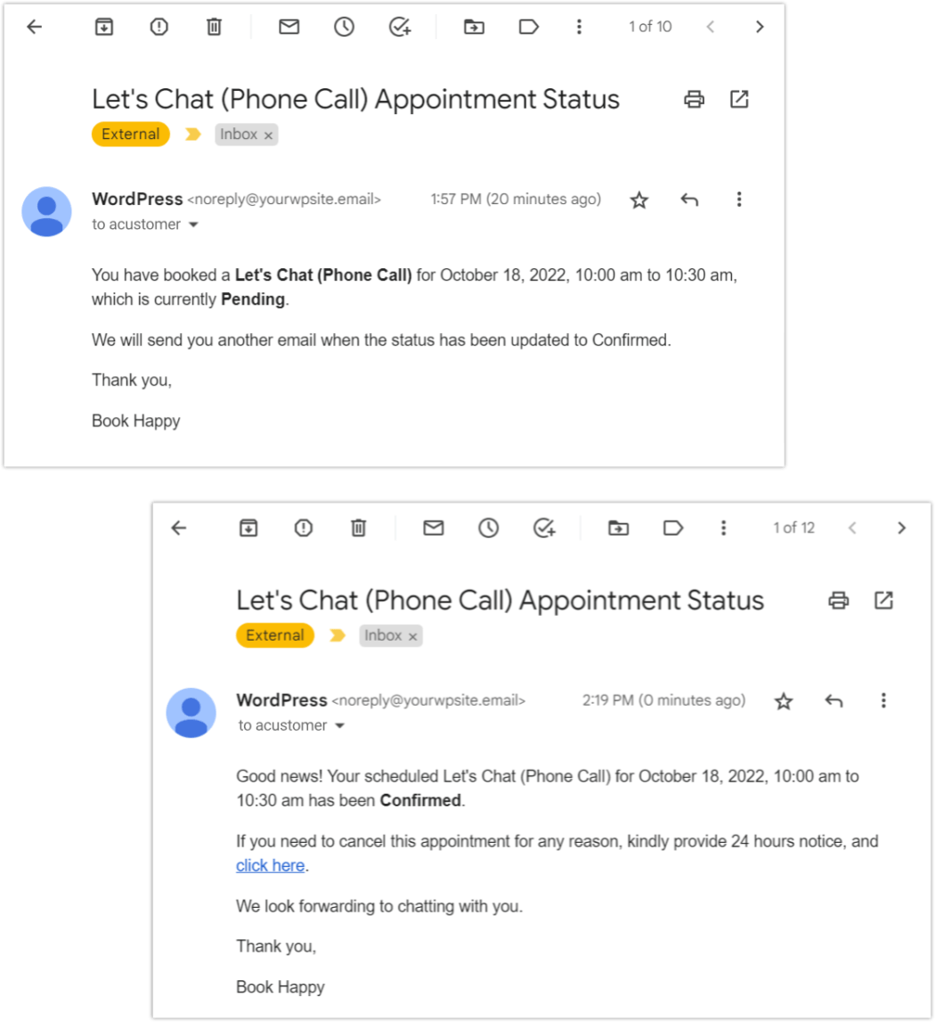 easy appointments mail confirmation customers