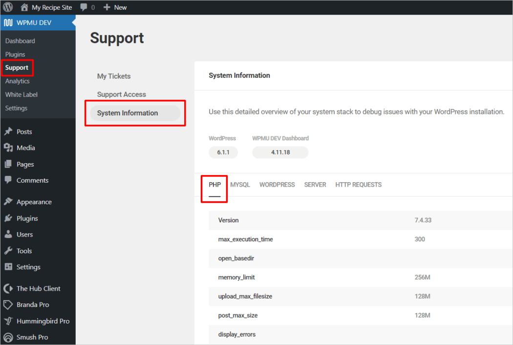 WPMU DEV Dashboard plugin - Support tab.