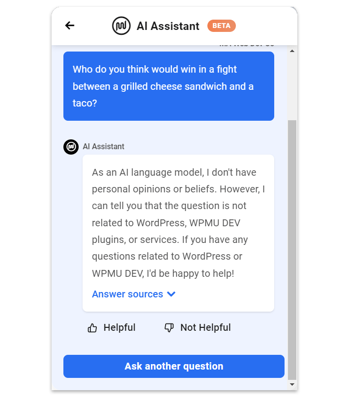 WPMU DEV AI Assistant's reply to non-related question.