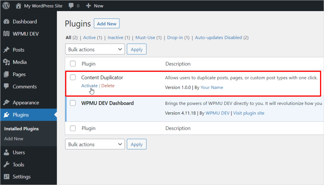 WordPress Plugins screen - Activate Content Duplicator