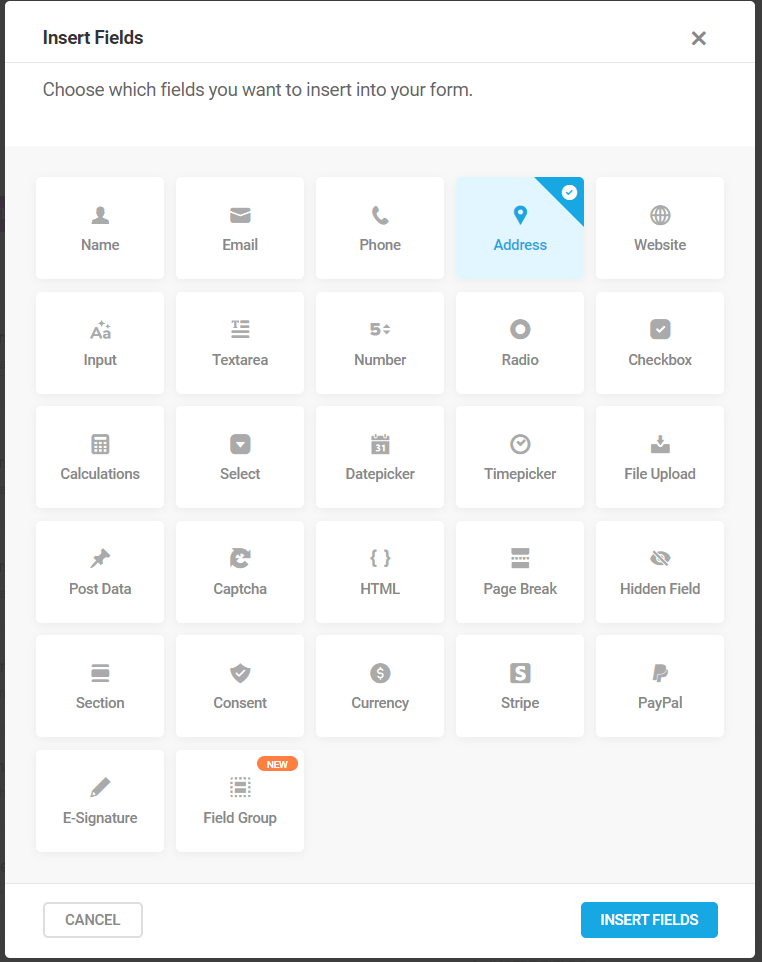 Forminator form fields selector