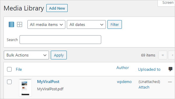 Screengrab of PDF file uploaded to WordPress
