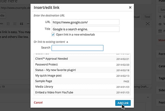 Use the popup dialog box to setup your link.