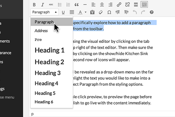 Formatting drop-down menu in the 'Visual' toolbar