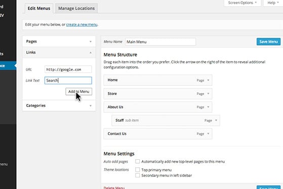 Add custom links by clicking on the 'Links' button and entering a web address you would like the menu item to point to.