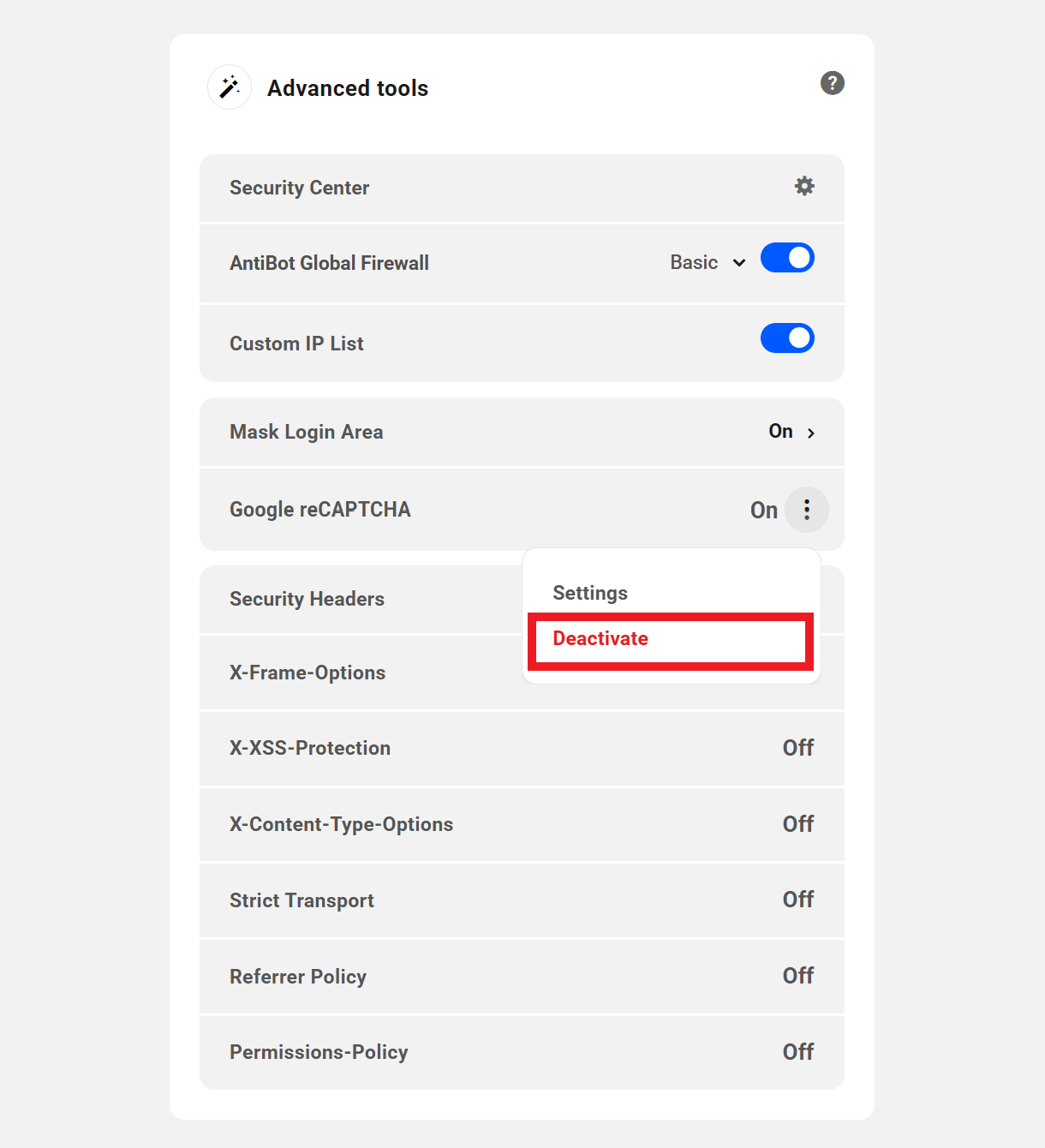 Deactivate Google reCAPTCHA from the Hub