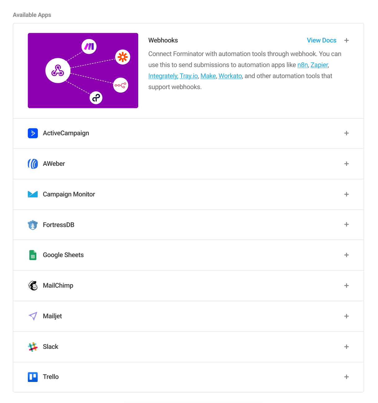 Forminator apps list