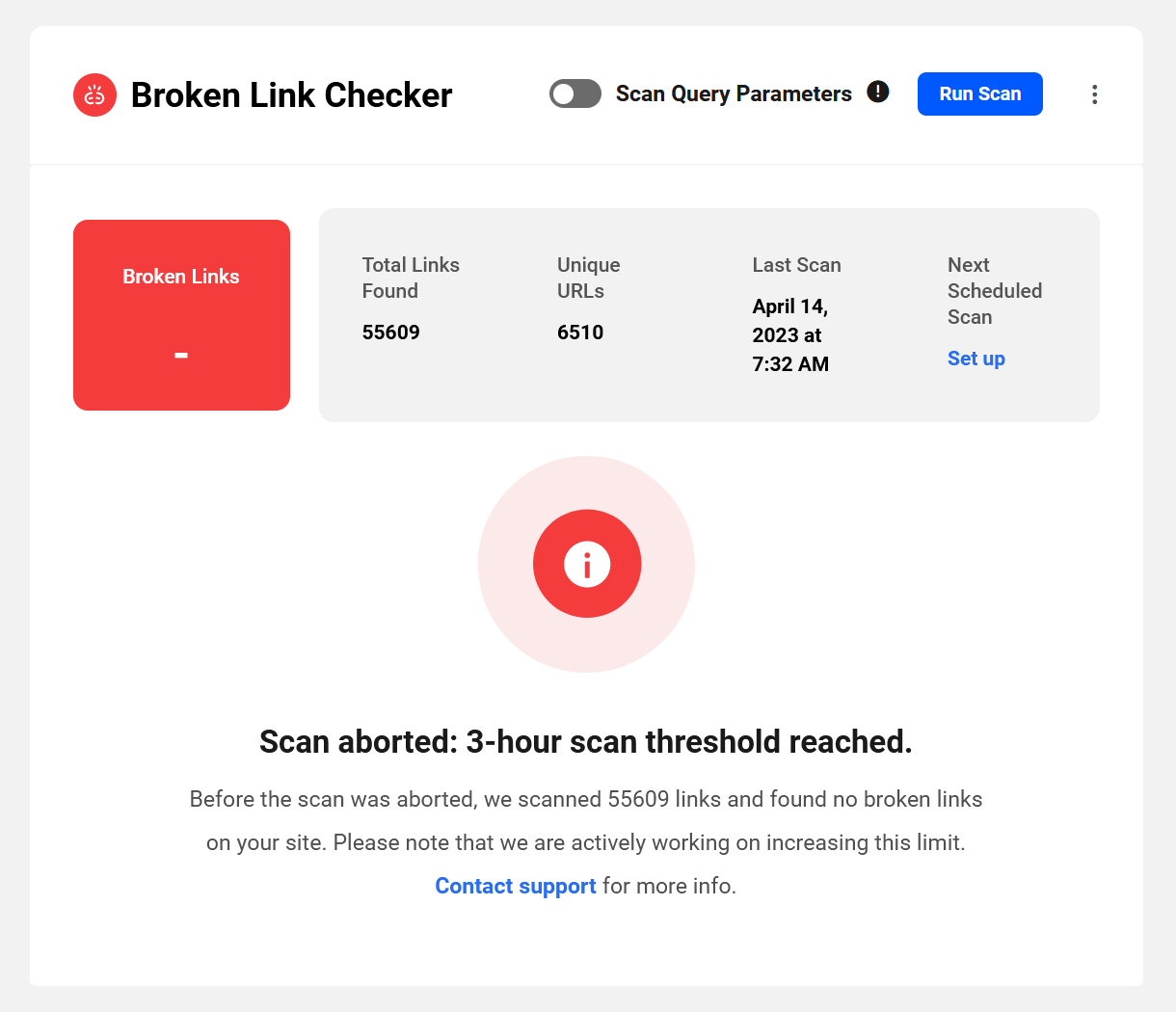 Broken Link Checker notice when the scan times out